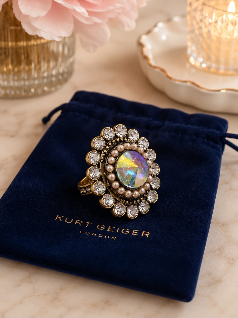 Kurt Geiger London Crystal and Pearl Statement Ring NWT